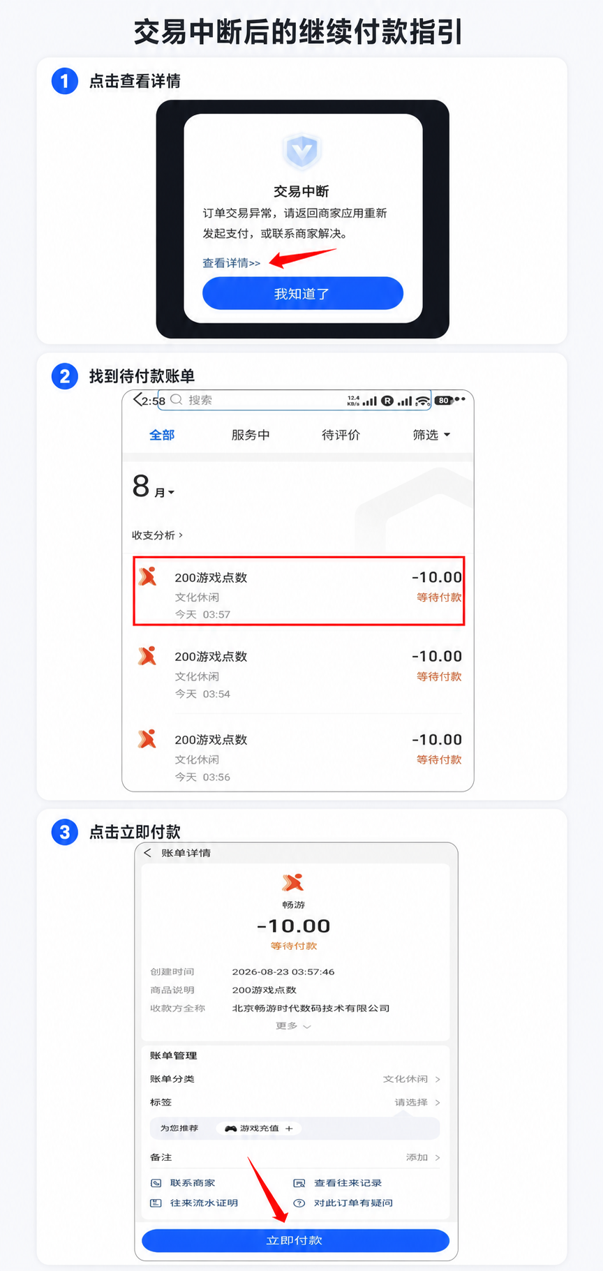 交易中断后的继续付款指引
